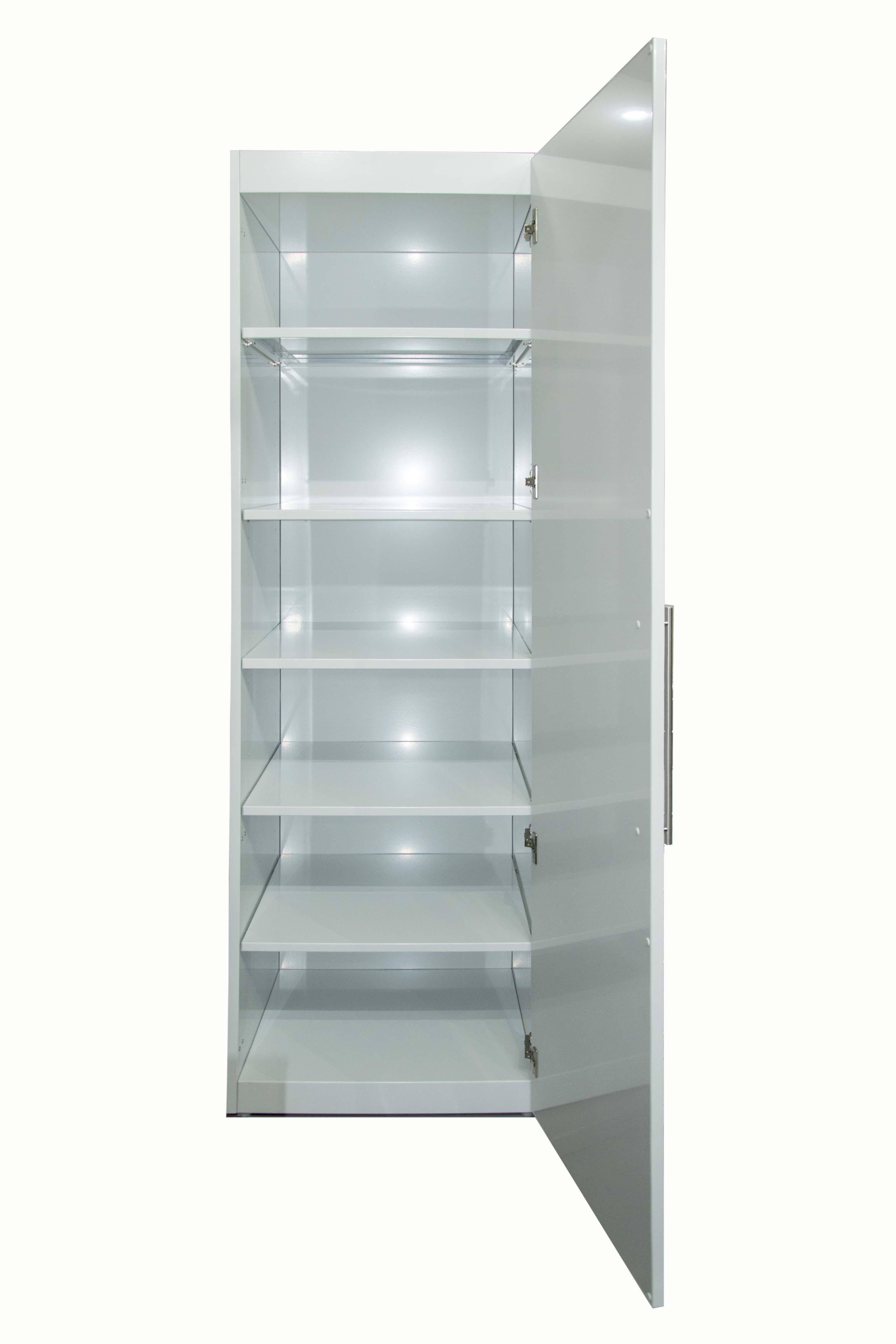 Hochschrank_weiss_offen Geschirrschrank/Hochschrank für Miniküchen & Schrankküchen - Weiß